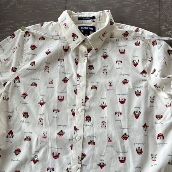 Lands’ End Women’s Size 12 Winter Dog Print No Iron Cotton Button Down Shirt - Picture 4 of 12
